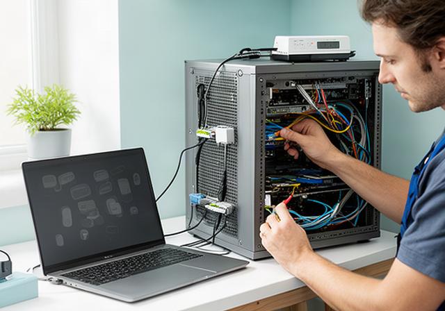 Technician arranging a small home server rack beside a laptop in a bright study