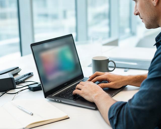 Technology editor testing a laptop and cloud dashboard at a bright UK office desk